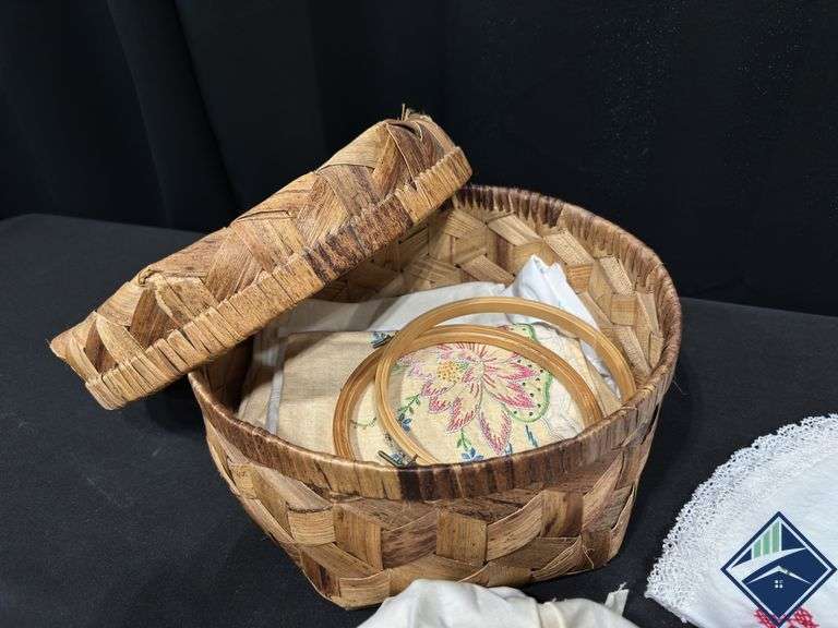 Embroidery Basket with Hoops, Linens, and Threads