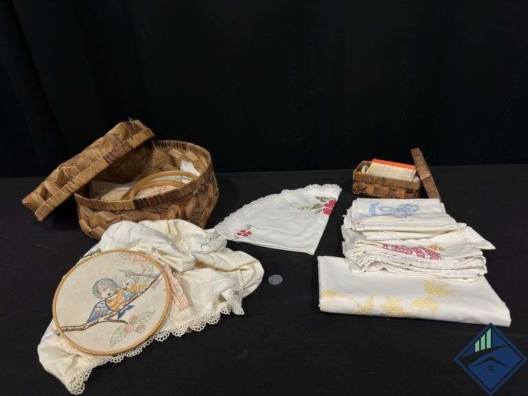 Embroidery Basket with Hoops, Linens, and Threads