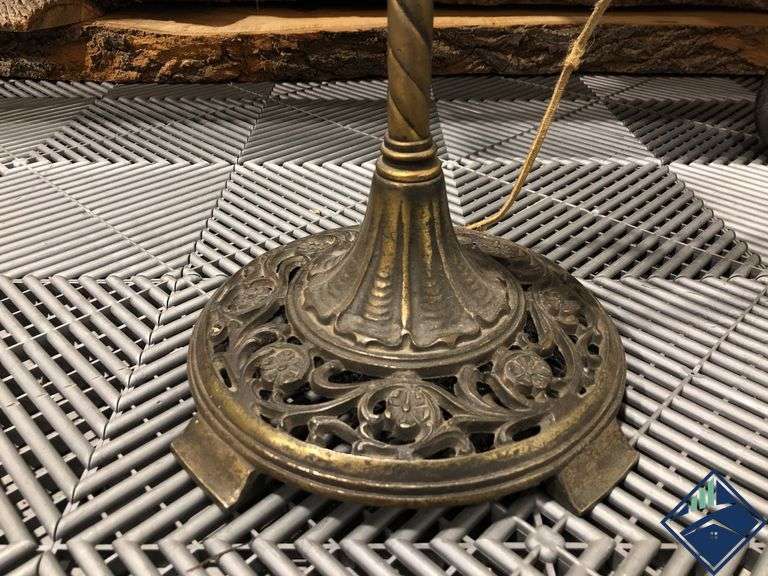 Antique Brass Bridge Lamp with Floral Glass Shade