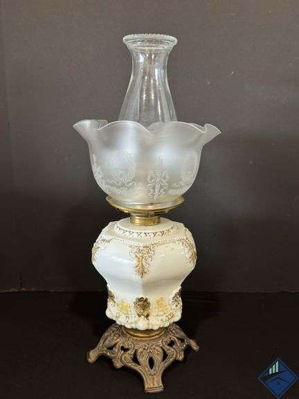 18” White Flame Brass & White Glass Hurricane Lantern with Decorative Frosted Shade