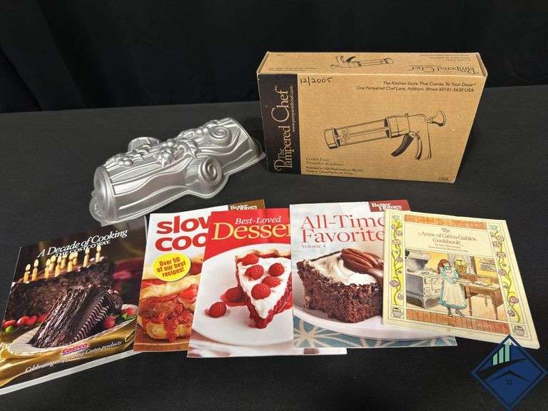 Pampered Chef Cookie Press, Yule Log Cake Mold, and Cook Books