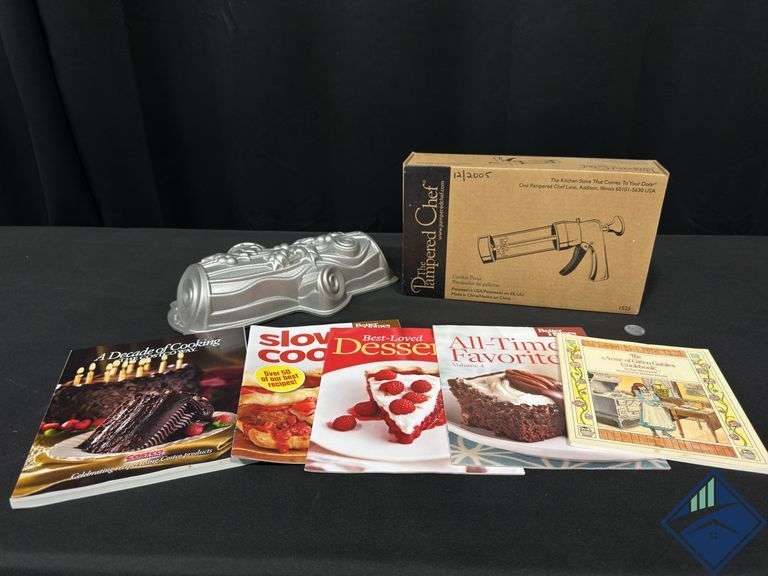 Pampered Chef Cookie Press, Yule Log Cake Mold, and Cook Books