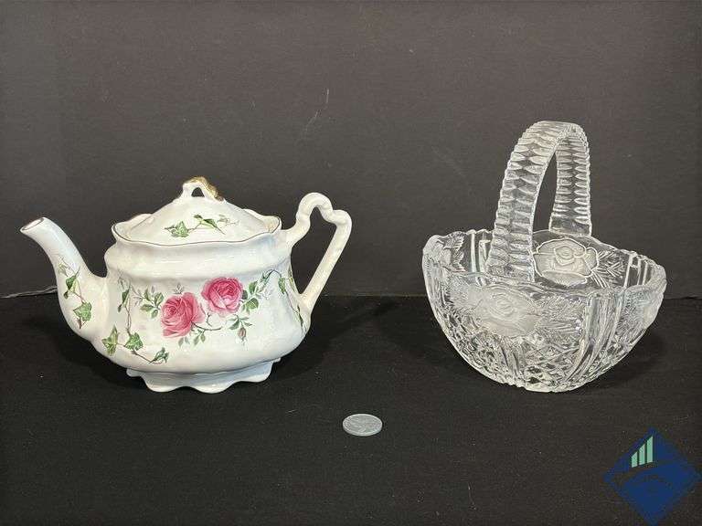 Crystal Glass Basket & Floral Teapot
