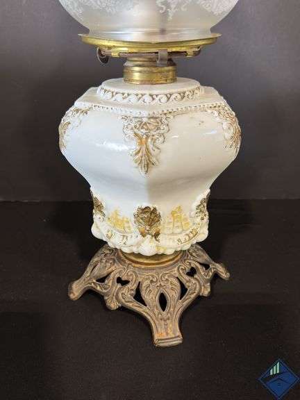 18” White Flame Brass & White Glass Hurricane Lantern with Decorative Frosted Shade
