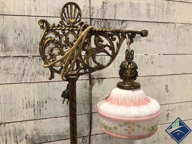 Antique Brass Bridge Lamp with Floral Glass Shade