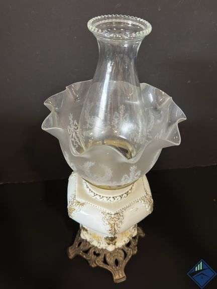 18” White Flame Brass & White Glass Hurricane Lantern with Decorative Frosted Shade