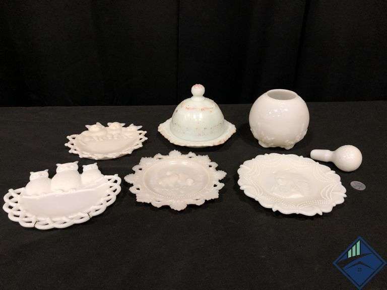 Milky Glass Plates, Bowl & Covered Dish