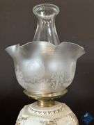 18” White Flame Brass & White Glass Hurricane Lantern with Decorative Frosted Shade