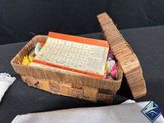 Embroidery Basket with Hoops, Linens, and Threads