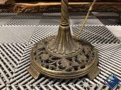 Antique Brass Bridge Lamp with Floral Glass Shade