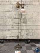 Antique Brass Bridge Lamp with Floral Glass Shade