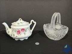 Crystal Glass Basket & Floral Teapot