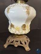 18” White Flame Brass & White Glass Hurricane Lantern with Decorative Frosted Shade