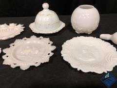 Milky Glass Plates, Bowl & Covered Dish