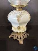 18” White Flame Brass & White Glass Hurricane Lantern with Decorative Frosted Shade