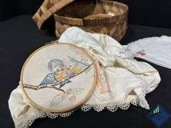 Embroidery Basket with Hoops, Linens, and Threads