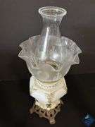 18” White Flame Brass & White Glass Hurricane Lantern with Decorative Frosted Shade