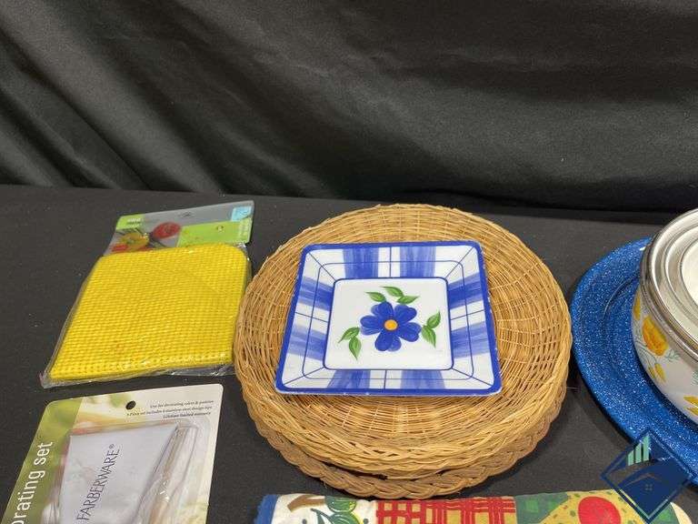 Enamelware Pans, Utensils, Measuring Spoons, Hot Pads, etc.