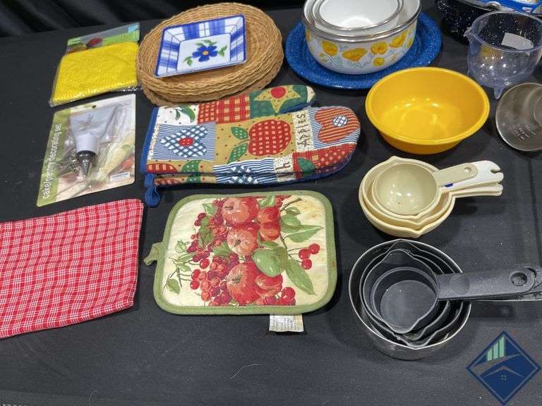 Enamelware Pans, Utensils, Measuring Spoons, Hot Pads, etc.
