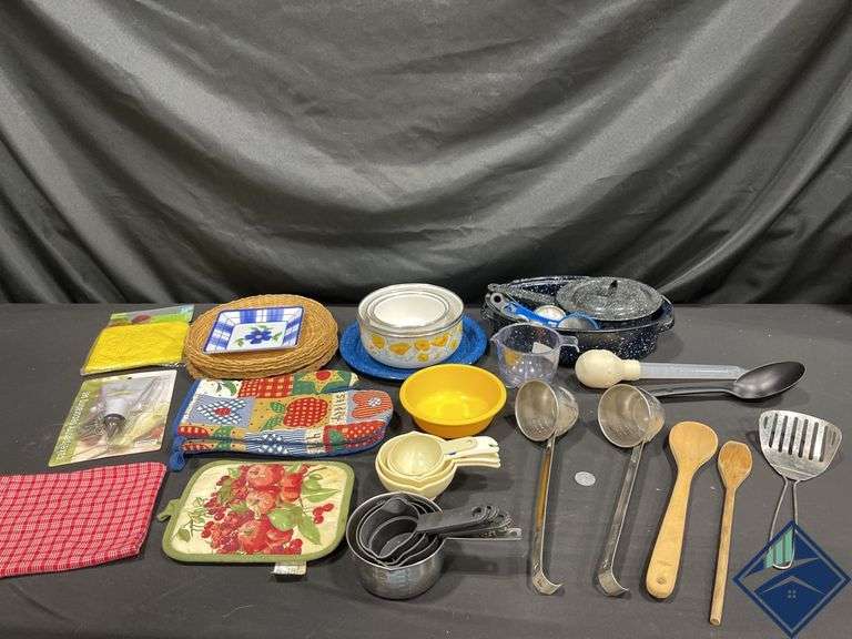 Enamelware Pans, Utensils, Measuring Spoons, Hot Pads, etc.