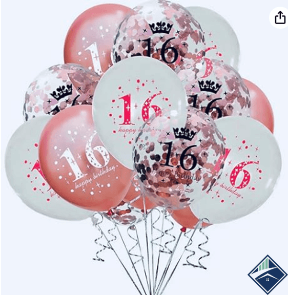 (7) 16th Birthday Rose Gold, White & Clear Balloon Pack