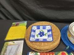 Enamelware Pans, Utensils, Measuring Spoons, Hot Pads, etc.