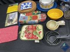 Enamelware Pans, Utensils, Measuring Spoons, Hot Pads, etc.