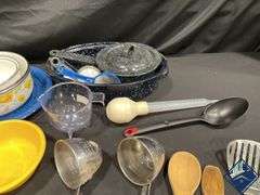 Enamelware Pans, Utensils, Measuring Spoons, Hot Pads, etc.