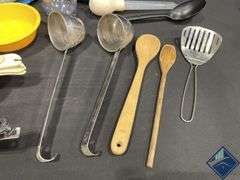 Enamelware Pans, Utensils, Measuring Spoons, Hot Pads, etc.