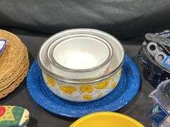 Enamelware Pans, Utensils, Measuring Spoons, Hot Pads, etc.