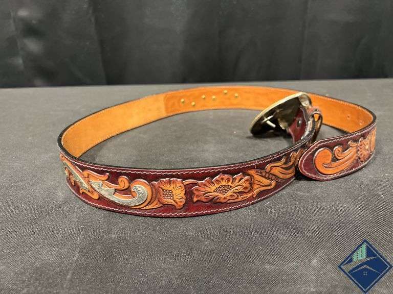 Tooled Leather Larry Mahan’s Western Belt with Heart Shaped Buckle, Size 38