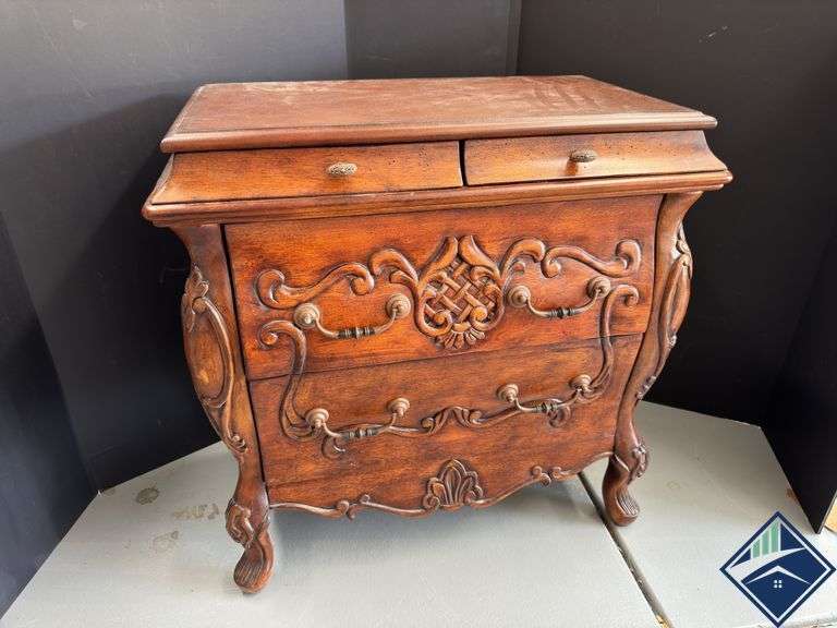 Powell Carved Wood Leather Top Chest of Drawers