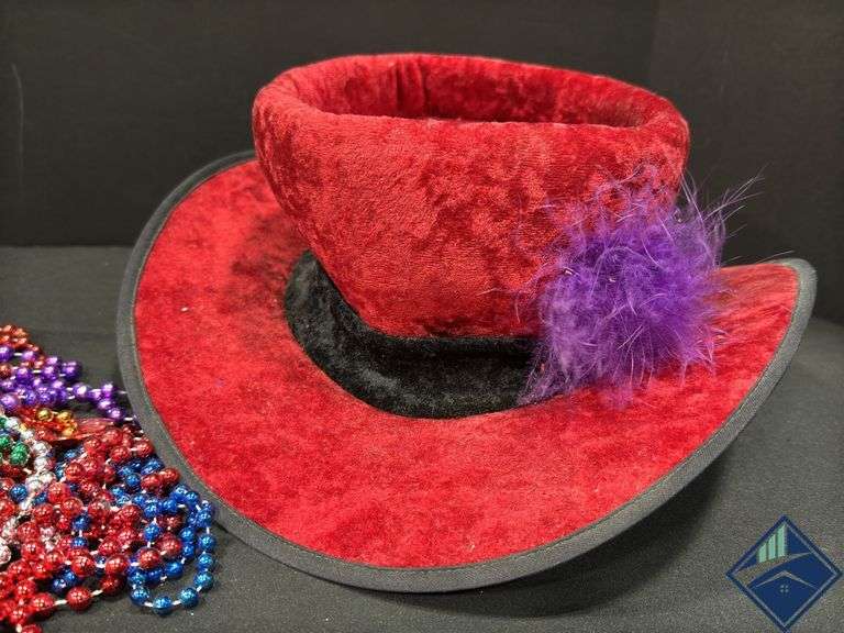 Red Velvet Hat & Mardi Gras Beads