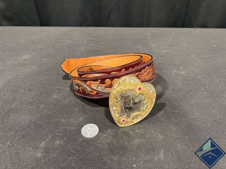 Tooled Leather Larry Mahan’s Western Belt with Heart Shaped Buckle, Size 38