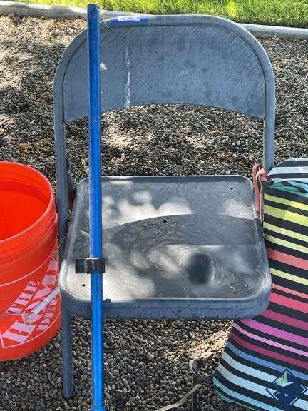 Metal Folding Chair, Seat Cushions, Small Metal Rake, etc.