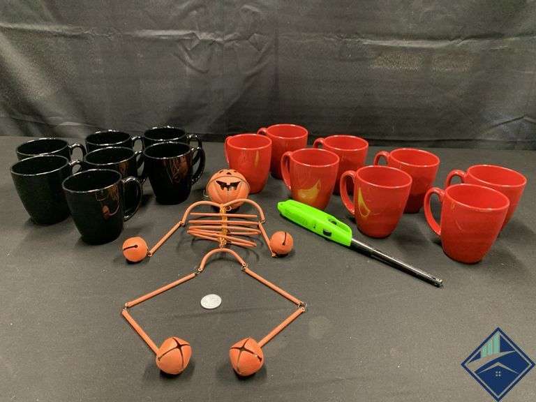 Red & Black Corelle Mugs, Jack-O-Lantern Decor & Lighters