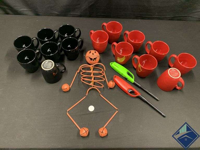 Red & Black Corelle Mugs, Jack-O-Lantern Decor & Lighters