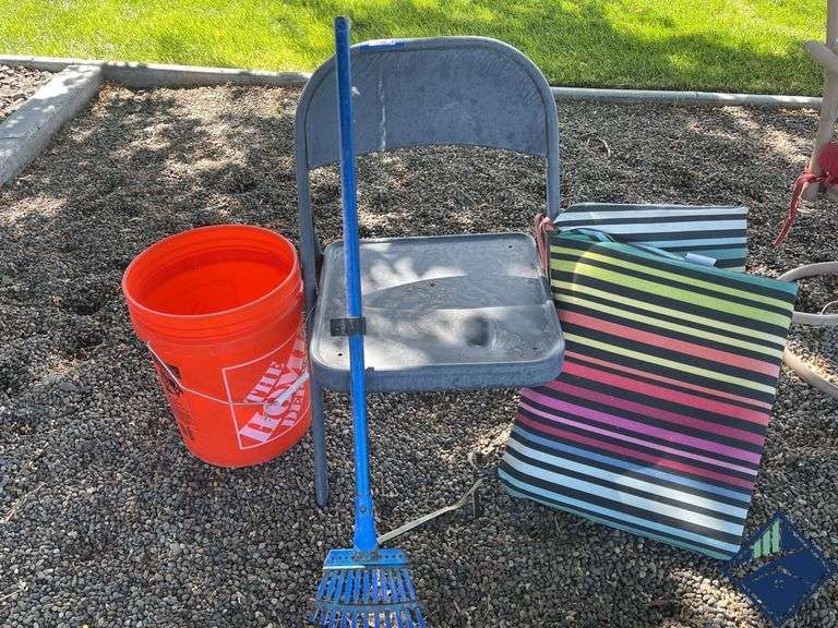 Metal Folding Chair, Seat Cushions, Small Metal Rake, etc.