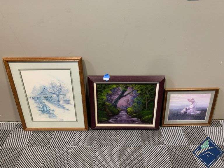 Framed Barn Print, Girl in Field & Painted Canvas of Creek
