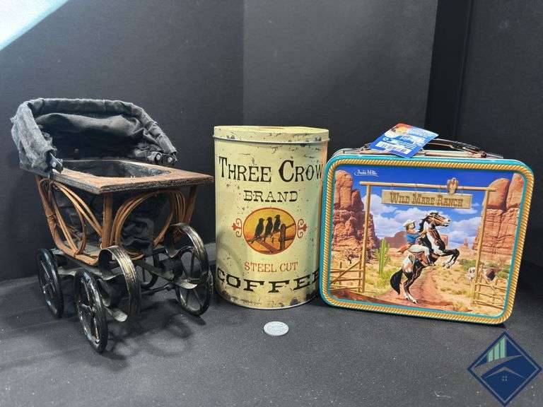 Vintage Western Tins and Wooden Stroller
