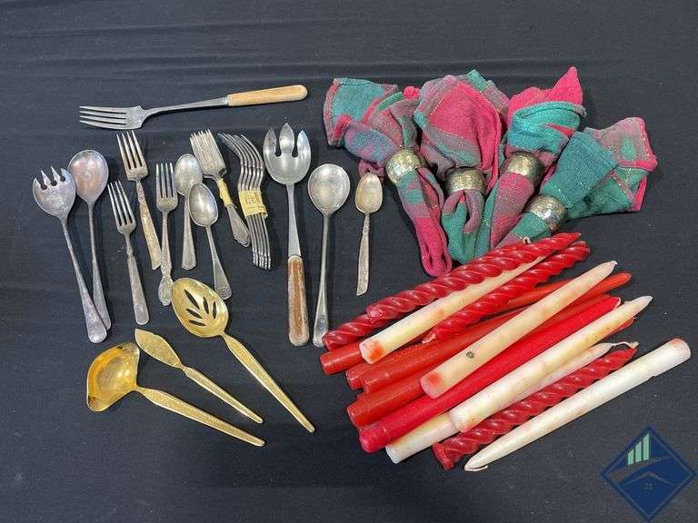 Vintage Candles, Flatware & Napkin Rings
