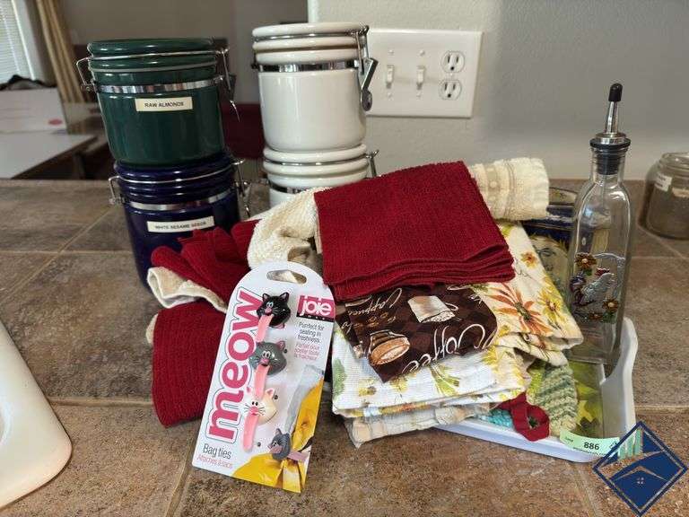 Canisters, Tea Towels, Serving Tray, etc.