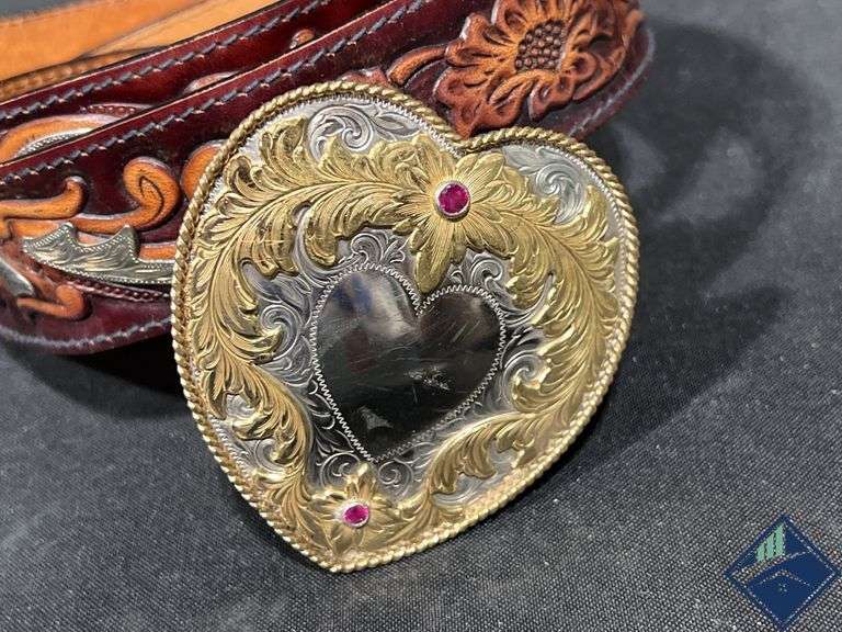 Tooled Leather Larry Mahan’s Western Belt with Heart Shaped Buckle, Size 38