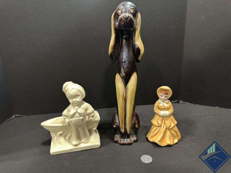Ceramic Dog Figurine, Victorian Lady, and Sailor Boy Planter