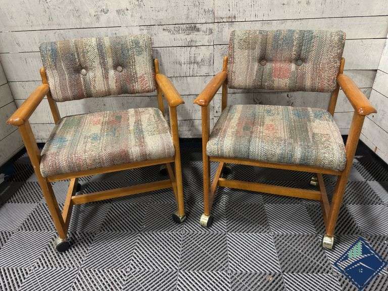 Mid Century Upholstered Chairs on Wheels
