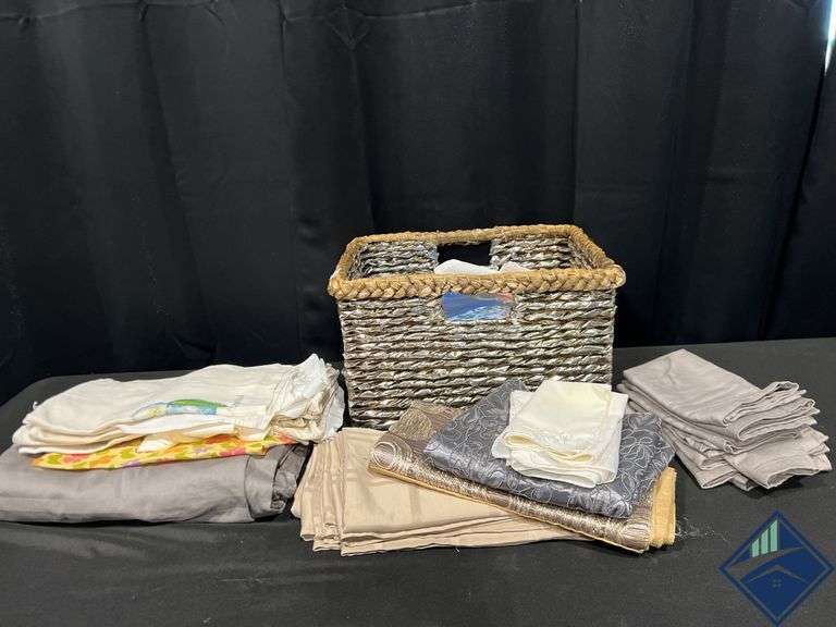 Basket Full of Tablecloths, Runners, and Napkins