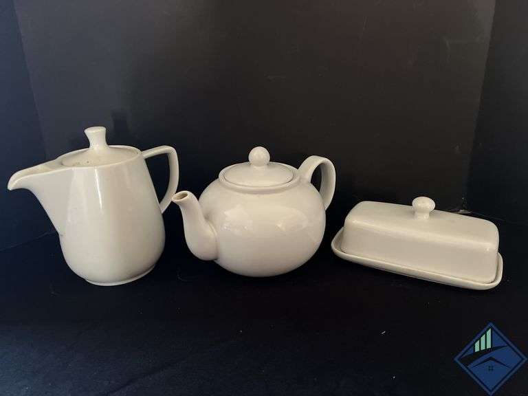 Porcelain Teapot, Cream Pitcher and Covered Butter Dish