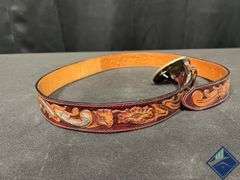 Tooled Leather Larry Mahan’s Western Belt with Heart Shaped Buckle, Size 38
