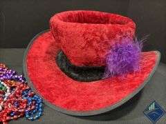 Red Velvet Hat & Mardi Gras Beads