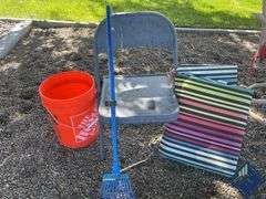 Metal Folding Chair, Seat Cushions, Small Metal Rake, etc.